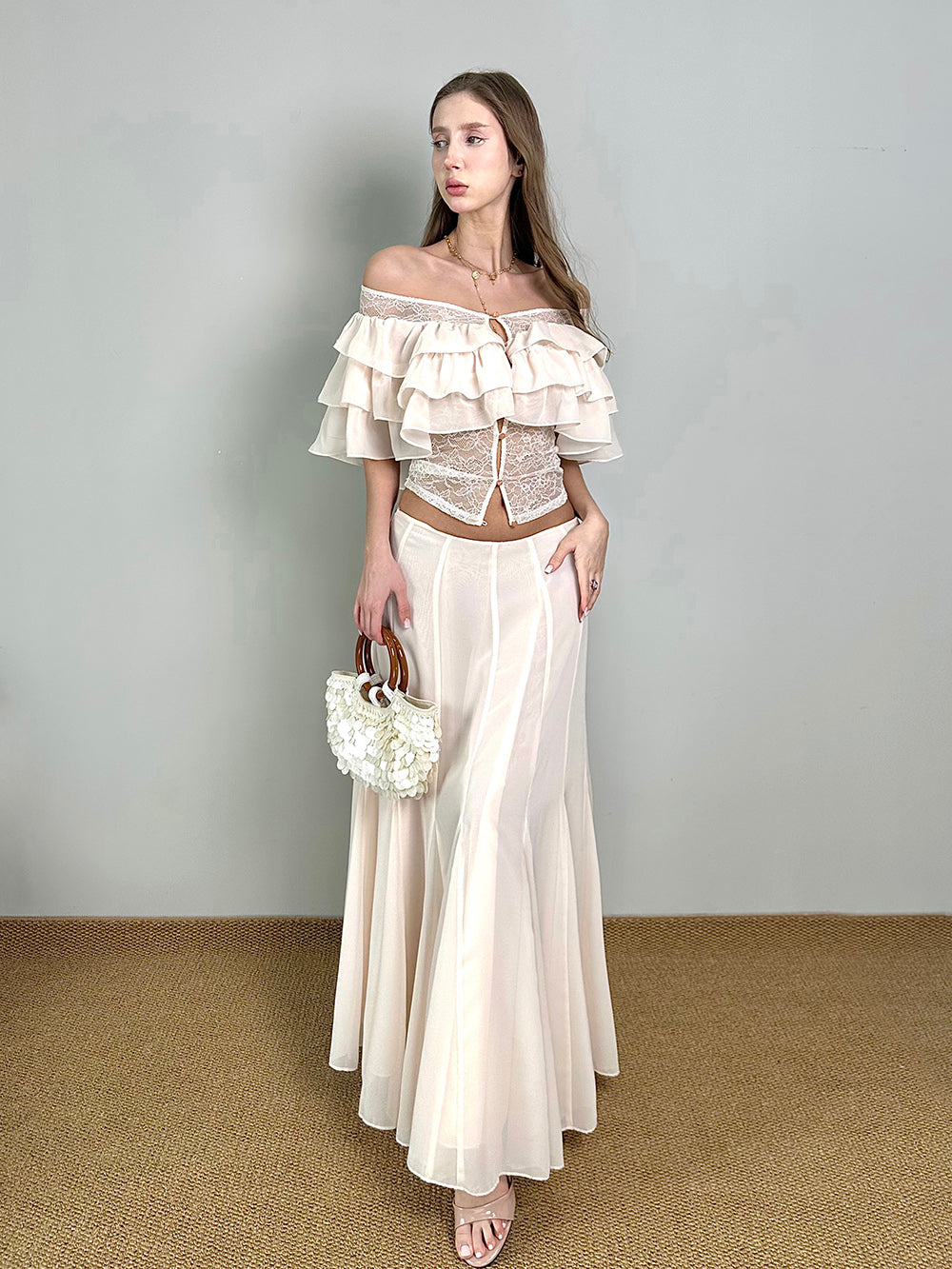 MUKTANK×Jqwention Ruffle Off Shoulder Slim Dress Two Piece Skirt