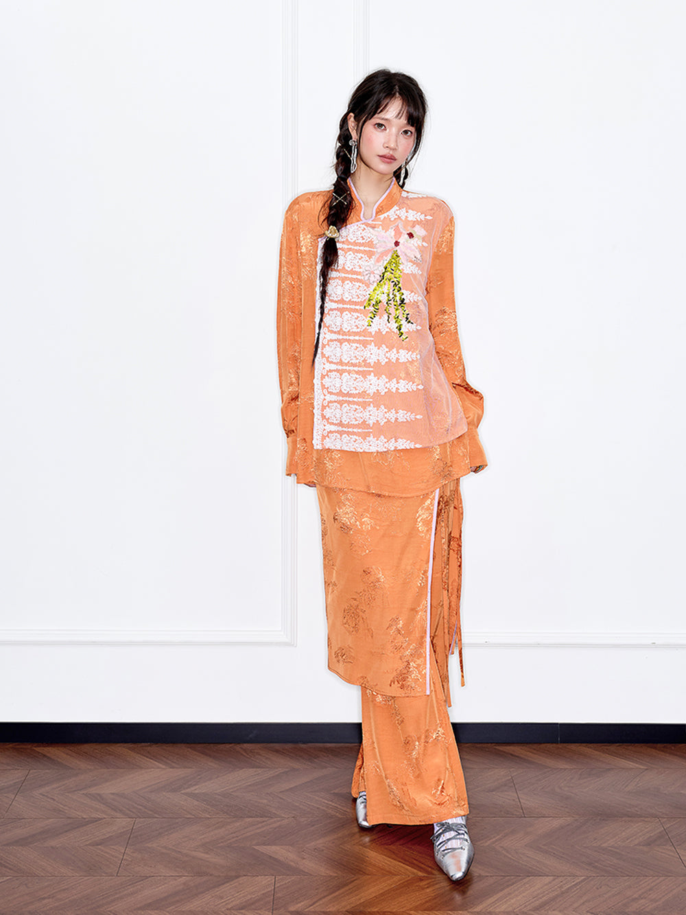 MUKZIN“Capsule Collection”Caramel /Light Blue Jacquard Fake Two-Piece Wide-Leg Pants