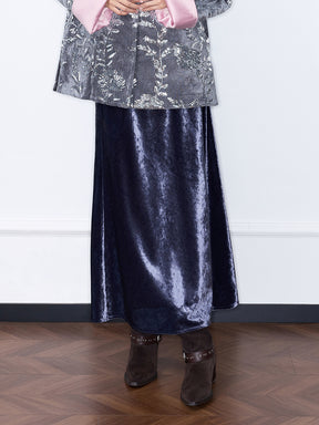 MUKZIN“Capsule Collection”Luxury Navy Velvet Side-Slit Midi Skirt