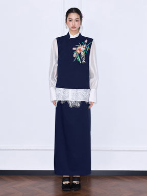 MUKZIN¡°Capsule Collection¡±Navy Chinese Style Vest with Floral Embroidery
