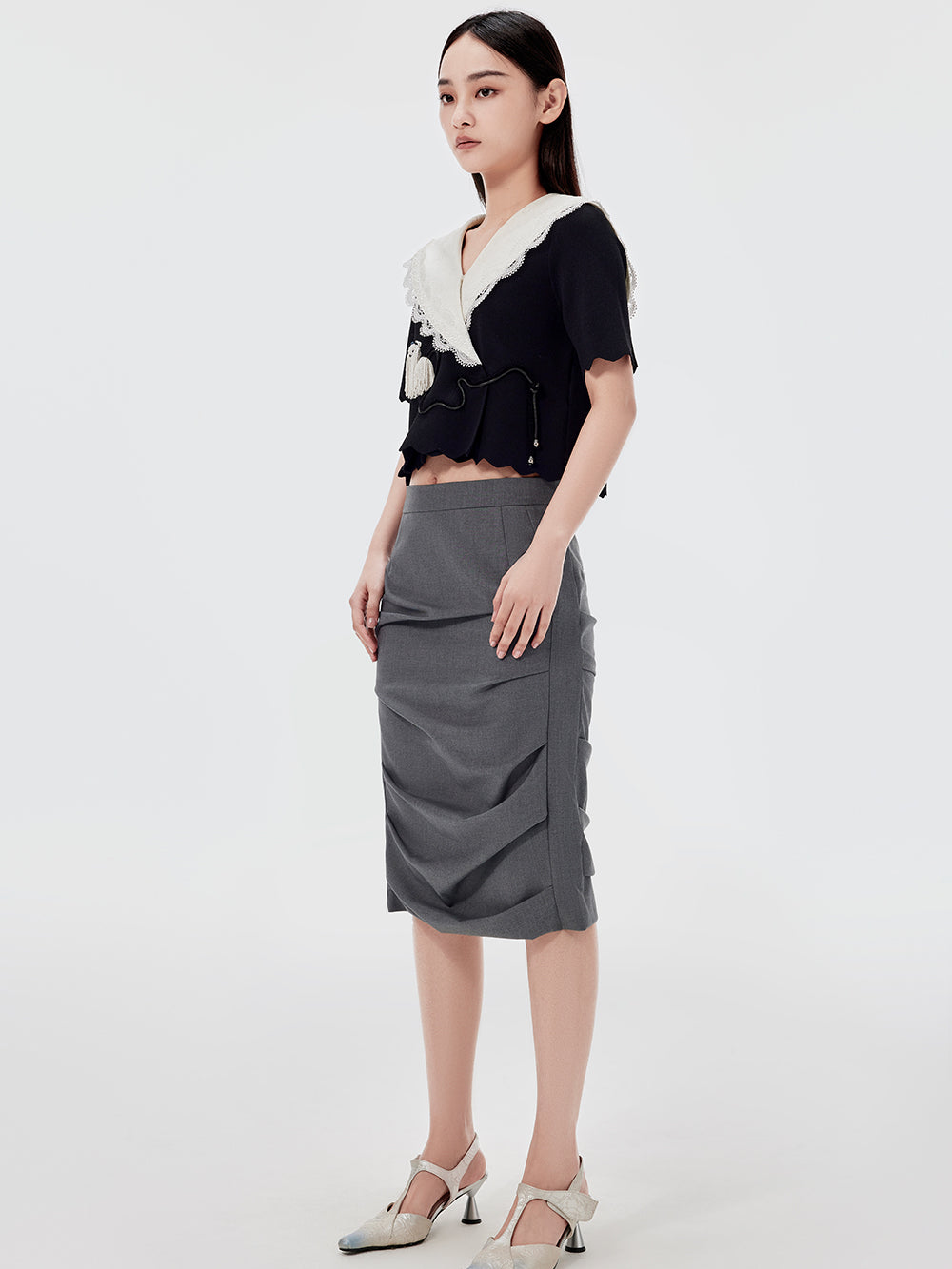 MUKZIN Gray Pleated Midi Skirt