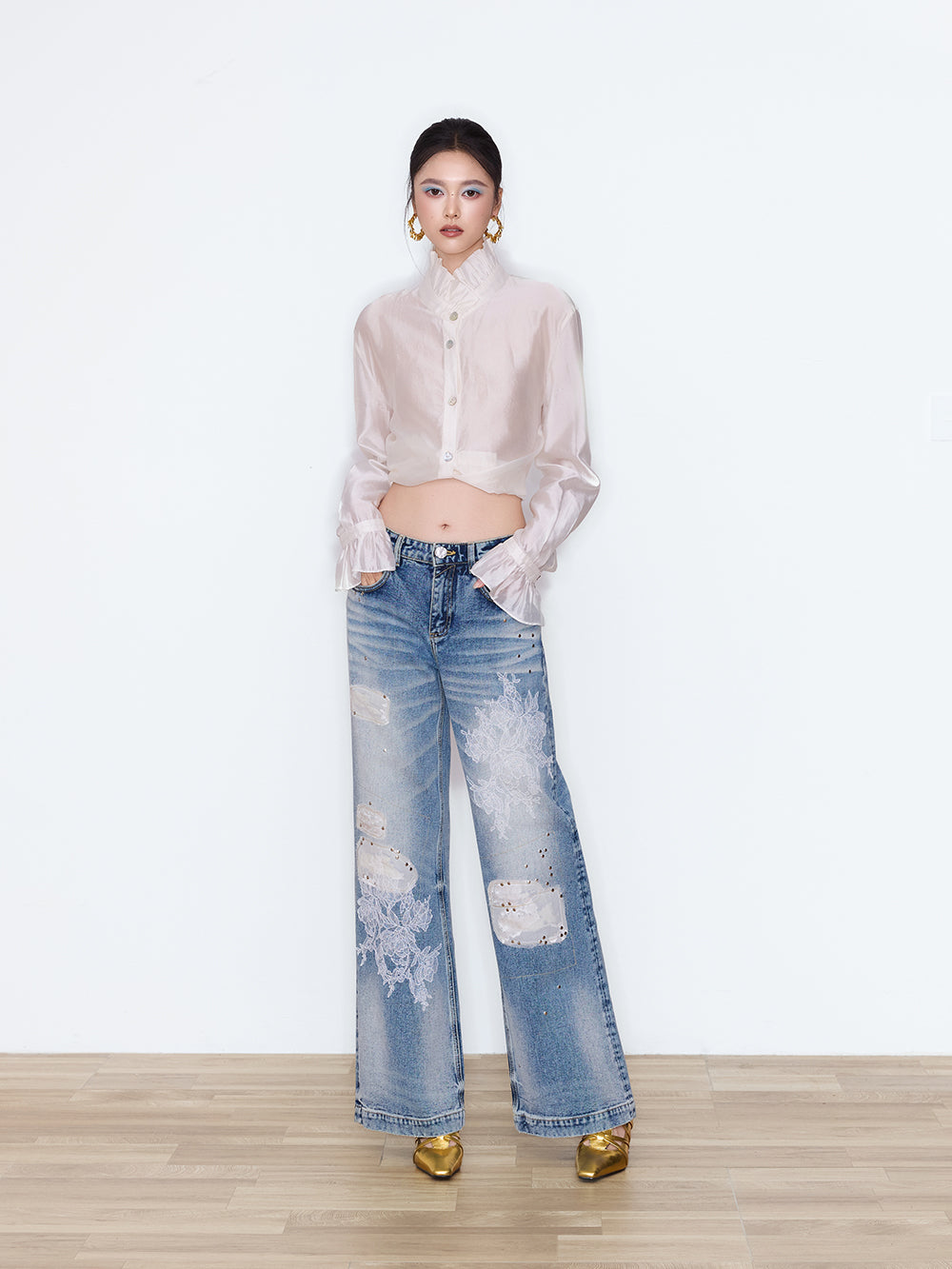 MUKZIN×Flourishing Blooms New Chinese-Style Floral Patch&Beaded High-Waist Jeans