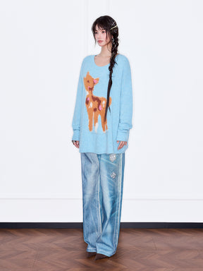 MUKZIN“The Sequence of Deer's Call”Light Blue/Soft Pink Deer Pattern Oversized Fuzzy Knit Sweater