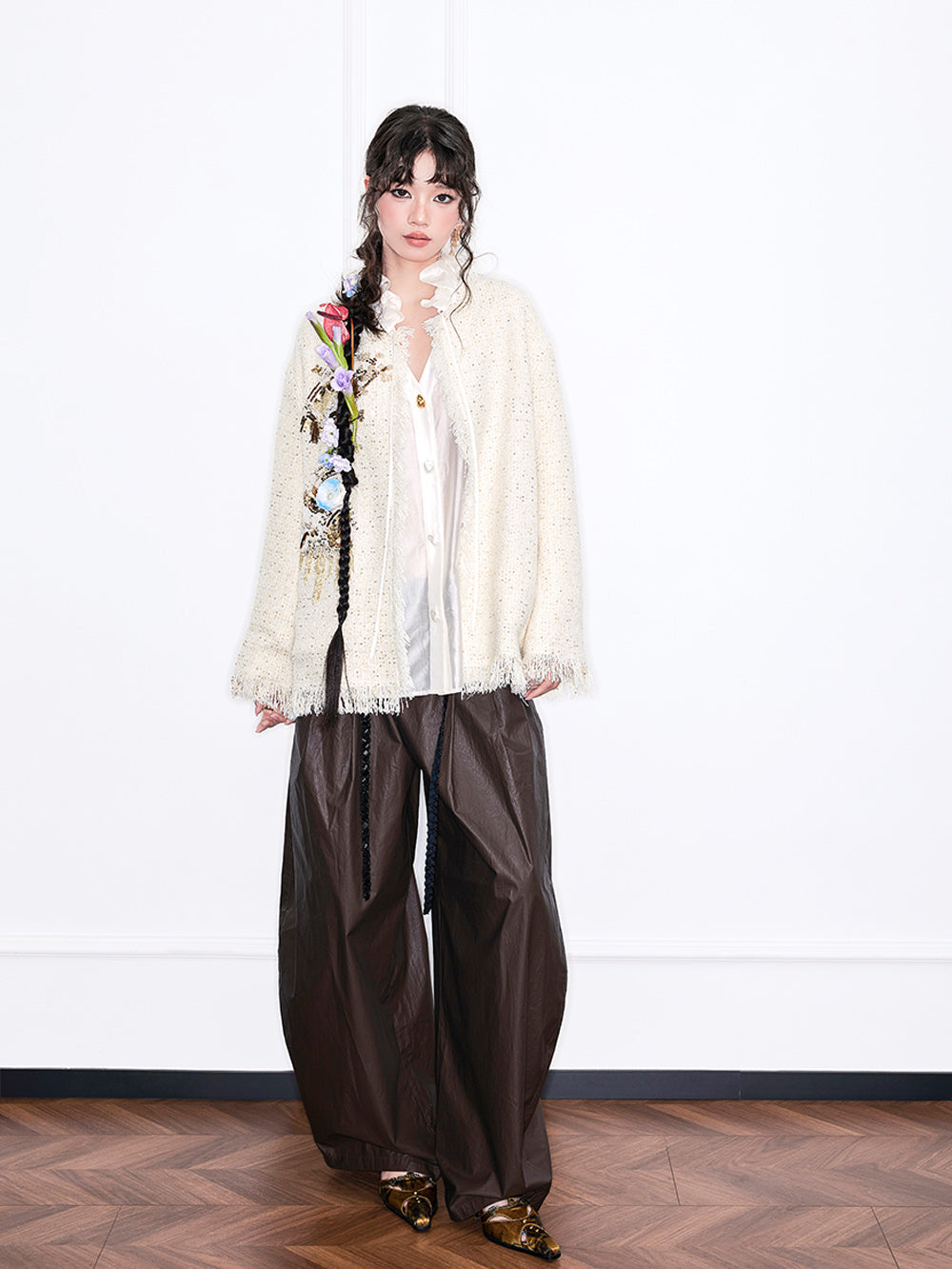 MUKZIN“Realm of Ethereal Mist”Off - White Tweed Cardigan with Sequin Embroidery and Fringes