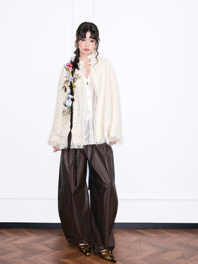 MUKZIN“Realm of Ethereal Mist”Off - White Tweed Cardigan with Sequin Embroidery and Fringes