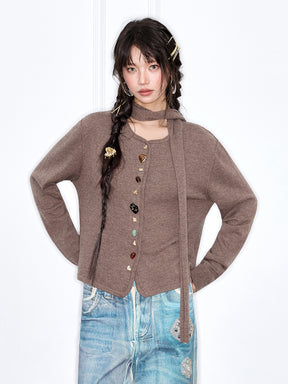 MUKZIN“The Sequence of Deer's Call”Coffee Color Halter Collar Colorful Button Decor Knit Cardigan