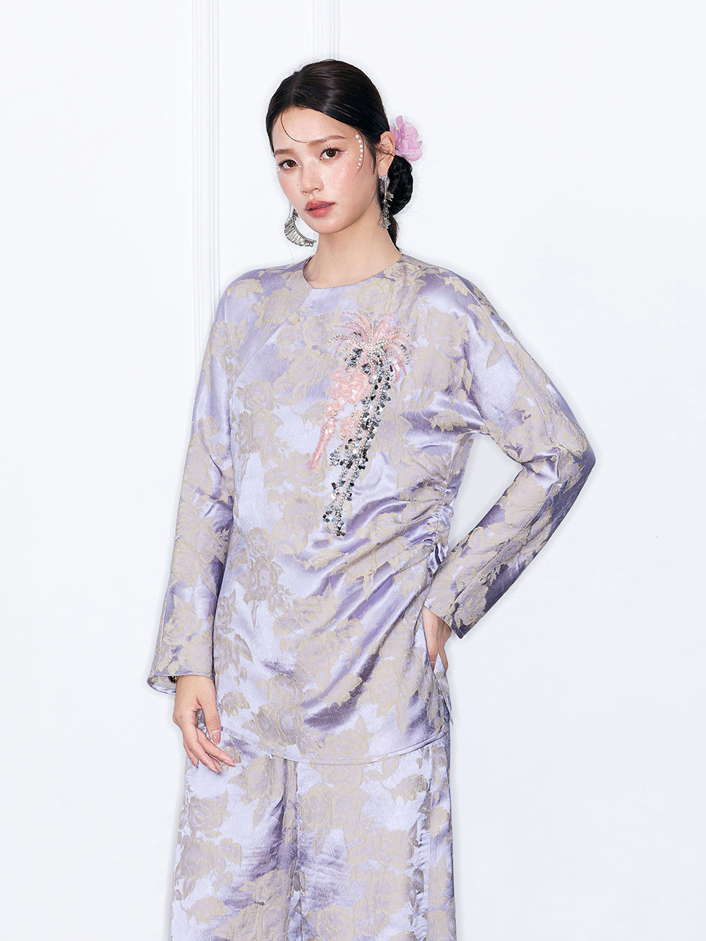 MUKZIN“Capsule Collection”Lavender Floral Jacquard Long Sleeve Top | Sequin Embroidered Oriental Blouse