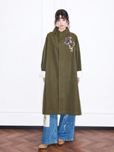 MUKZIN“Realm of Ethereal Mist”Olive Green Long Trench Coat with Floral Appliqué