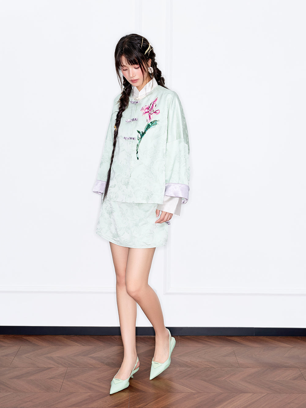 MUKZIN“Capsule Collection”Light Green Jacquard Frog Button Jacket with 3D Floral Sequin Embroidery, Loose Short Style