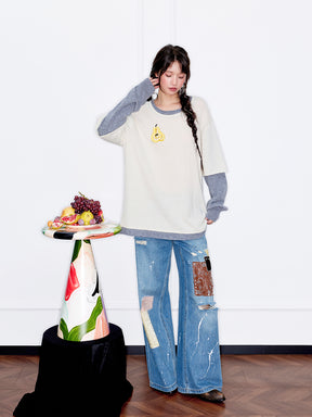 MUKZIN“Capsule Collection”Elegant Color - Blocked Fruit Embroidery Fake Two - Piece Sweatshirt