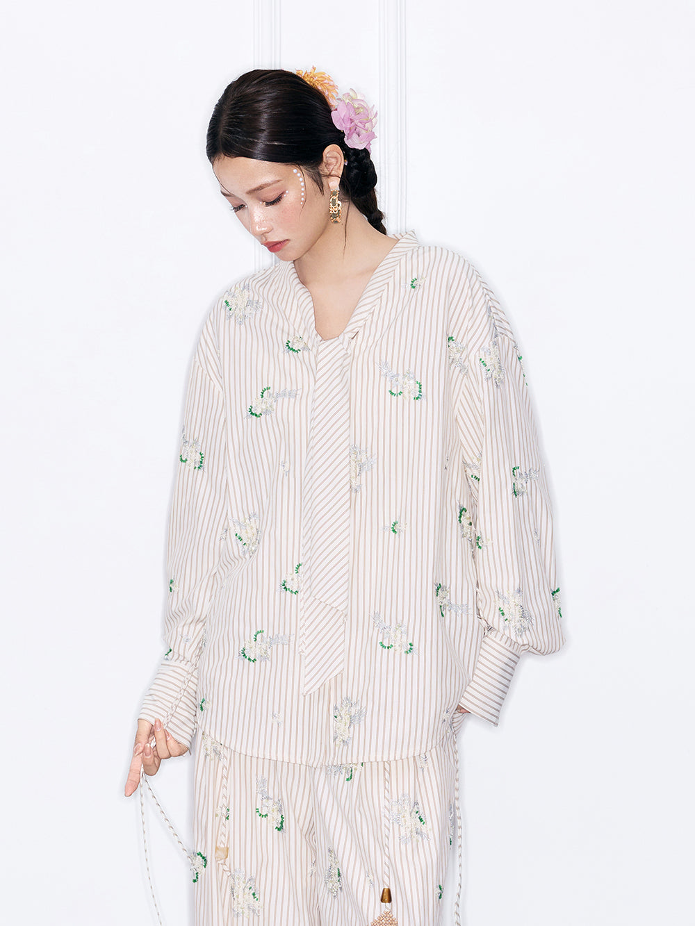 MUKZIN“Night Ballad of Chang'an”Striped Floral Embroidered Tie-Neck Blouse | Oriental-Inspired Long Sleeve Shirt