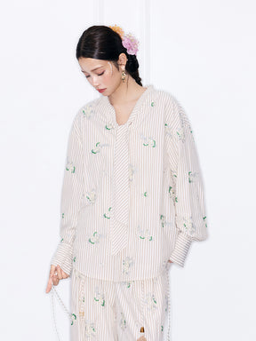 MUKZIN“Night Ballad of Chang'an”Striped Floral Embroidered Tie-Neck Blouse | Oriental-Inspired Long Sleeve Shirt