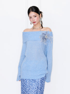 MUKZIN“Capsule Collection”Off-the-shoulder Feather Decor Loose Sweater