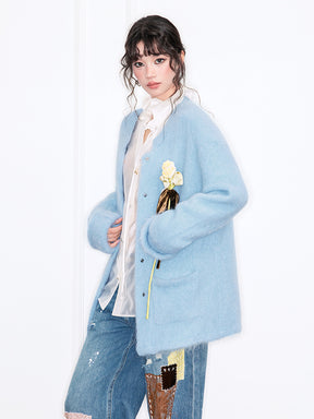 MUKZIN“Realm of Ethereal Mist”Light Blue Fuzzy Cardigan with Floral Decoration