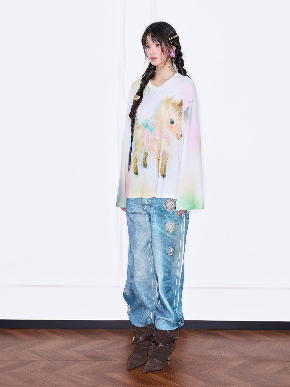 MUKZIN“The Sequence of Deer's Call”Macaron Gradient Pony Print Oversized Sheer Long-Sleeve Top