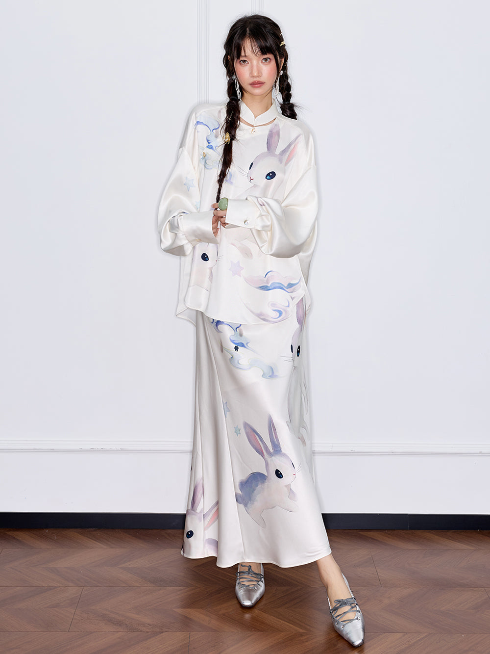 MUKZIN“Capsule Collection”Modern Chinese Style Jade Rabbit Print Drapey Midi Skirt