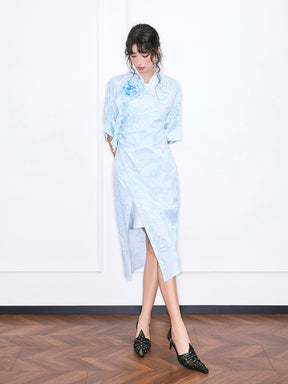 MUKZIN“Realm of Ethereal Mist”National Style Blue Jacquard Pleated Slit Half-sleeve Qipao Dress