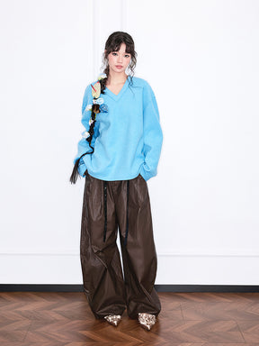 MUKZIN“Realm of Ethereal Mist”European-American Style Lazy Vibe Blue V-Neck Top with 3D Flower Embellishments