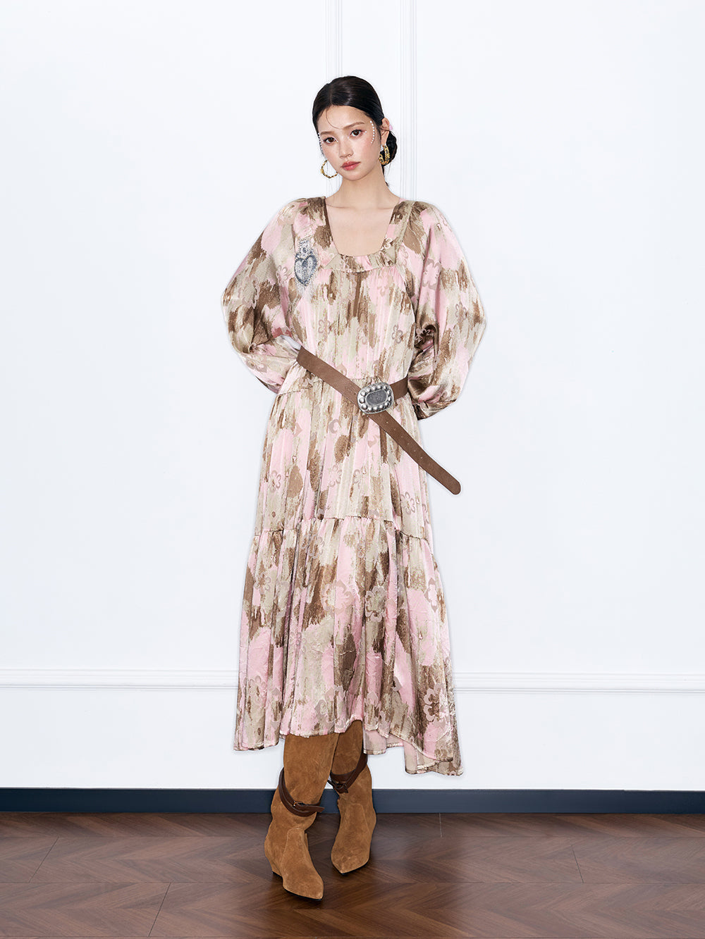 MUKZIN“Capsule Collection”Pink Abstract Print Tiered Maxi Dress | Oriental Sequin Embellished Long Sleeve Dress with Belt