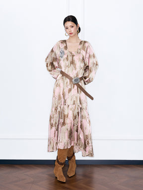 MUKZIN“Capsule Collection”Pink Abstract Print Tiered Maxi Dress | Oriental Sequin Embellished Long Sleeve Dress with Belt