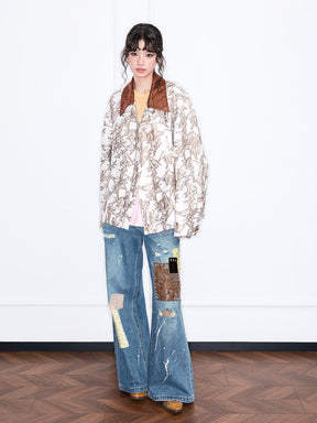 MUKZIN“Realm of Ethereal Mist”Loose Jacket with Plant Pattern, Contrast - Color Collar and Splicing Design