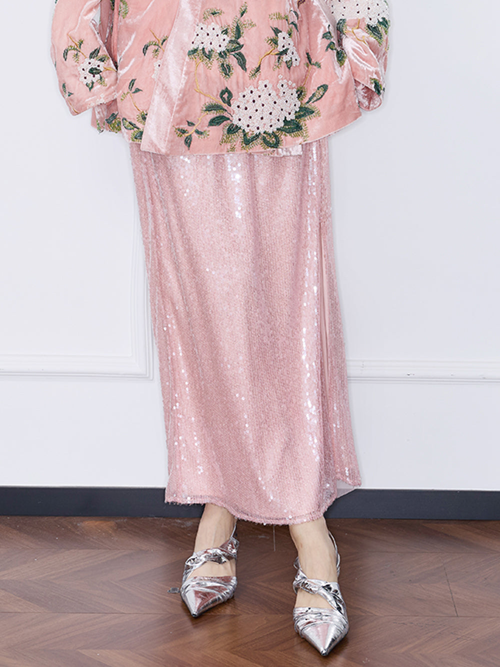 MUKZIN“Capsule Collection”Light Pink Sequin High Waist Slimming Maxi Skirt