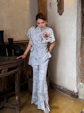 MUKZIN“Capsule Collection”Light Blue Chinese - style Frog Button Floral Embroidered Waist - cinching Top