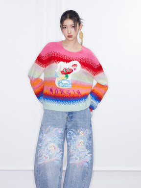 MUKZIN Spring Prelude"Flower Snake Brings Blessings" Short Rainbow Color-blocking Sweater