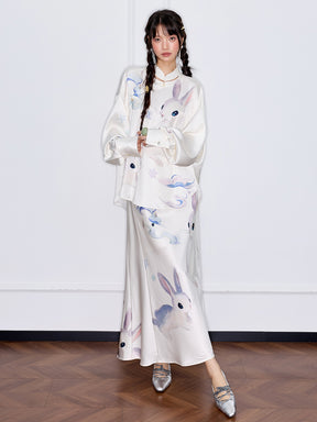 MUKZIN“Capsule Collection”New Chinese Style National Style Jade Rabbit Print Oblique Placket Blouse