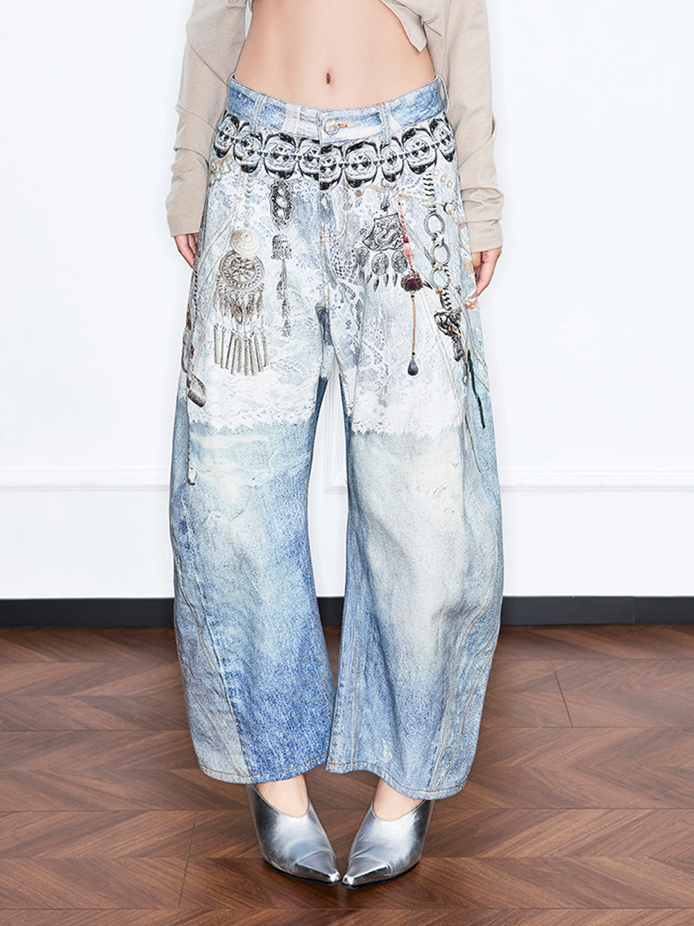 MUKZIN“Realm of Ethereal Mist”Apron - Style Lace - Printed 弯刀 Jeans