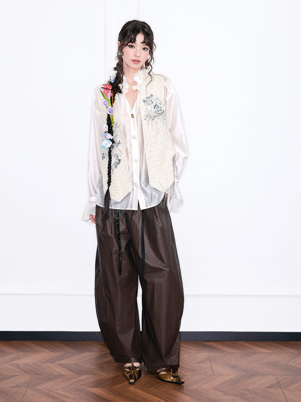 MUKZIN“Realm of Ethereal Mist”Dark Mocha Drawstring Waist Wide-Leg Pants