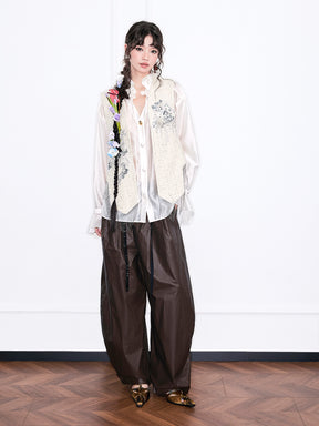 MUKZIN“Realm of Ethereal Mist”Dark Mocha Drawstring Waist Wide-Leg Pants