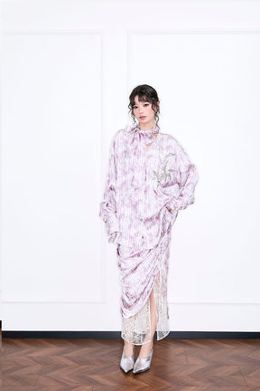 MUKZIN“Realm of Ethereal Mist”Lavender Purple Oversized Shirt with Ribbons - Handmade Plant-Dyed