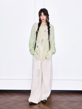 MUKZIN“The Sequence of Deer's Call”Pink/Green Halo Tie-Dye Distressed Decor Oversized Fuzzy Knit Sweater