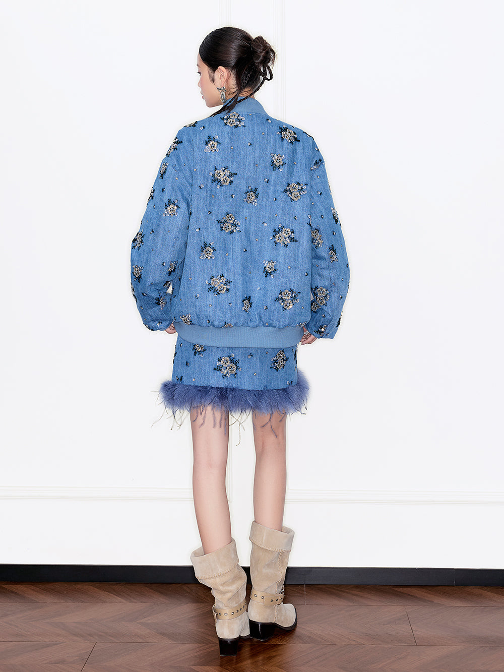 MUKZIN“Capsule Collection”Denim Mini Skirt with Feather Trim & Diamond Floral Details