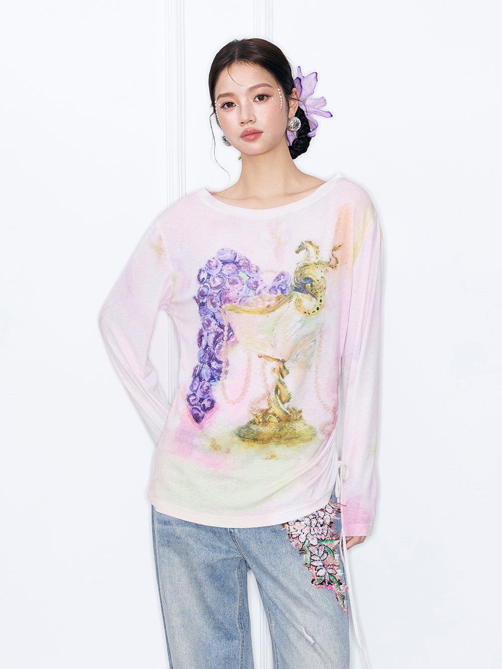 MUKZIN“Night Ballad of Chang'an”Grape & Goblet Watercolor Print Long Sleeve Top | Artistic Tie-Dye Tee