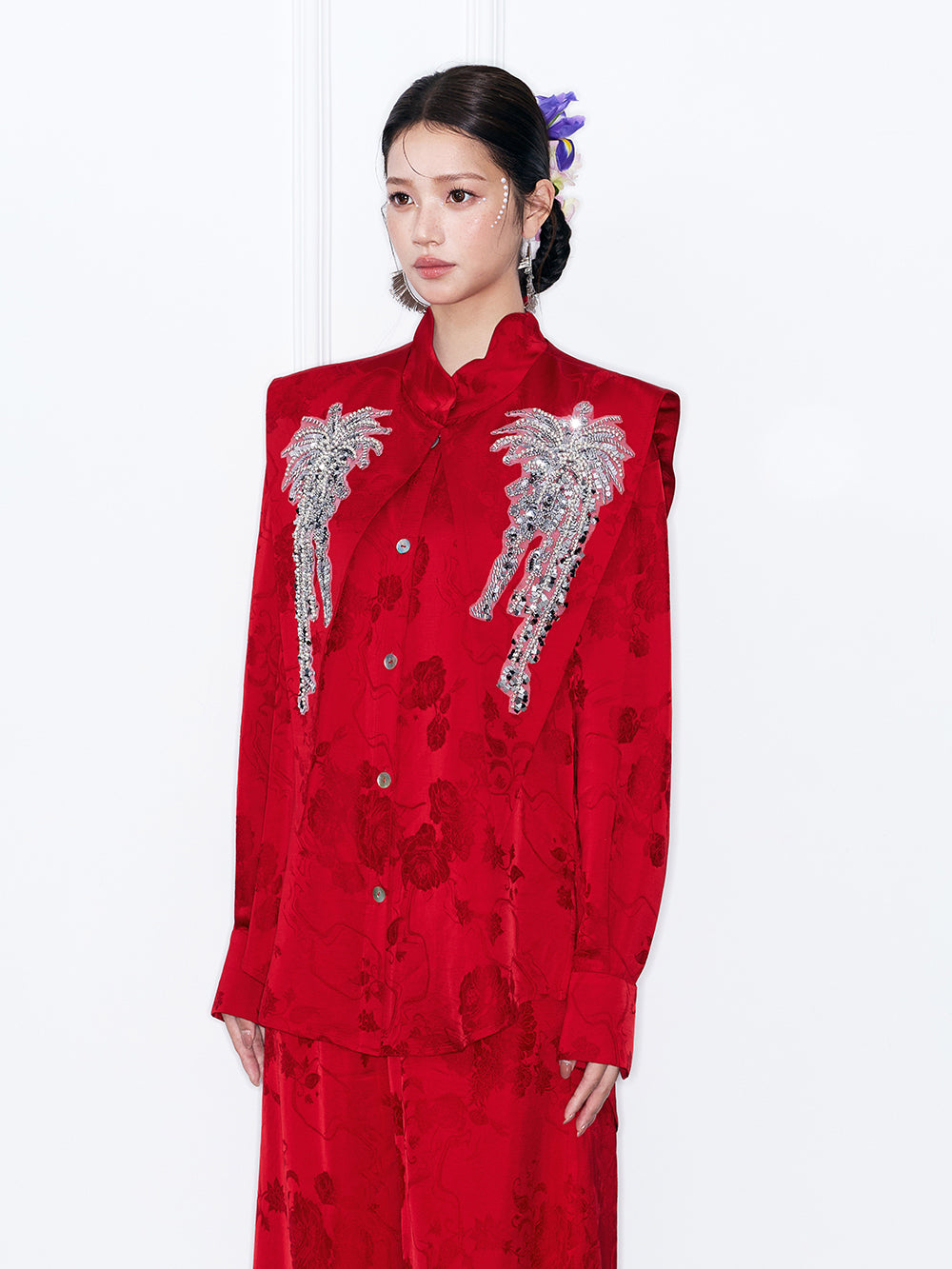 MUKZIN“Capsule Collection”Red Jacquard Oriental Cloud Shoulder Cape | Sequin & Beaded Embellished Detachable Collar