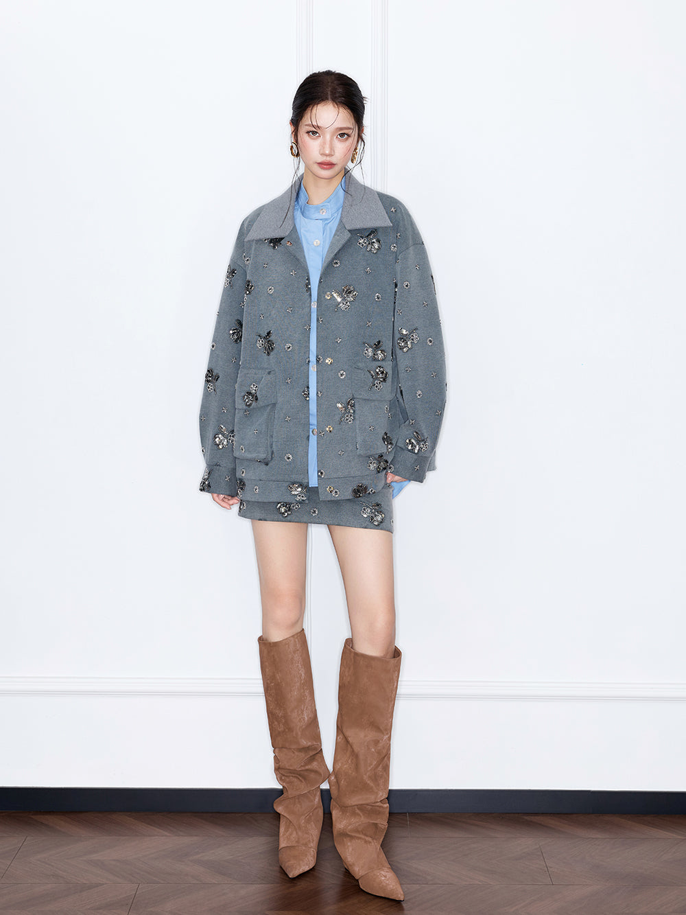 MUKZIN“Capsule Collection”Gray Denim-Textured Sequin Mini Skirt