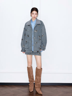 MUKZIN“Capsule Collection”Gray Denim-Textured Sequin Mini Skirt