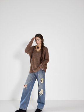 MUKZIN“Realm of Ethereal Mist”Loose Brown Sweater with Sequin Decoration