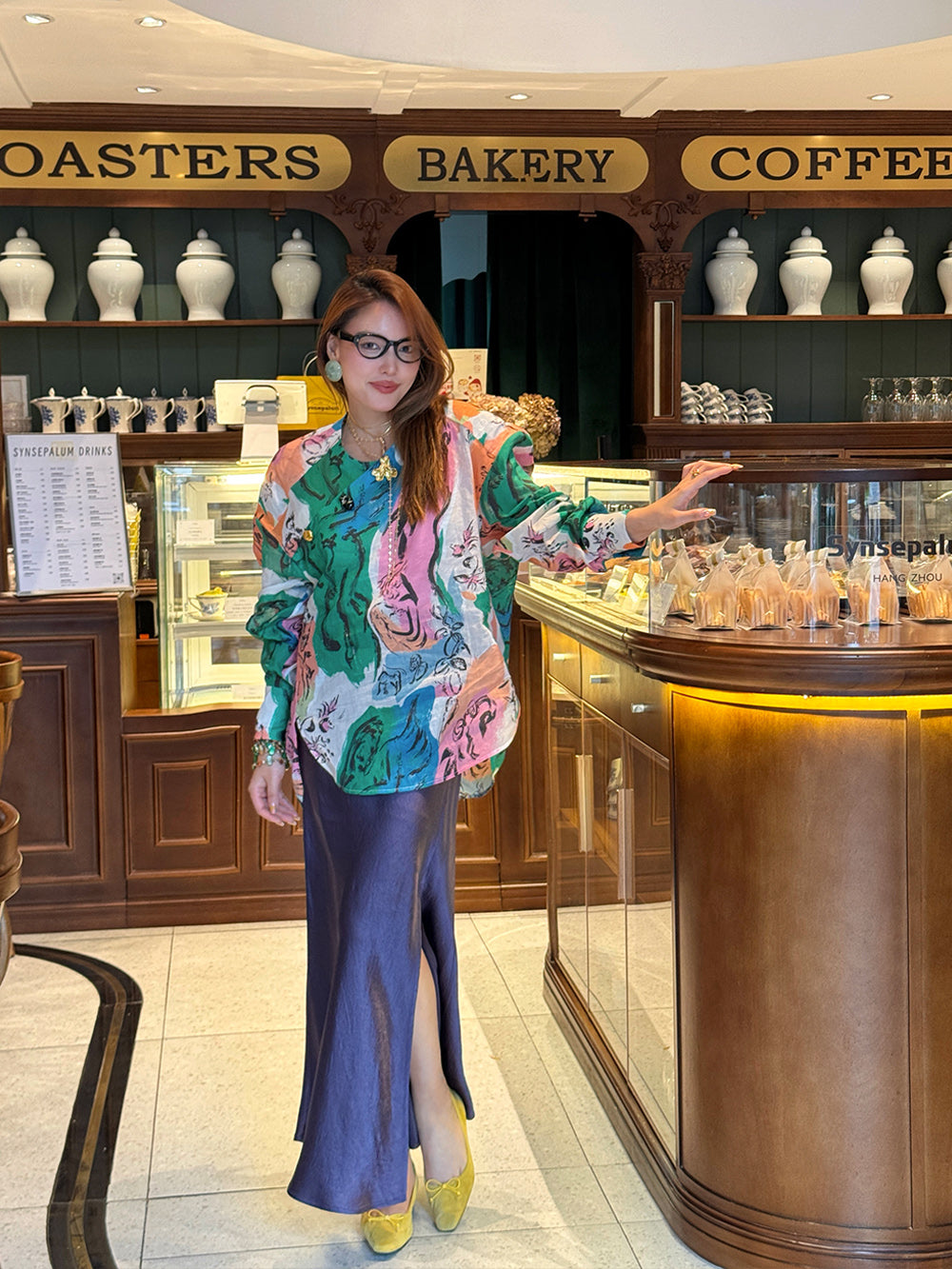 MUKZIN“Capsule Collection”Ink Wash Blue-Green Chiffon Wide-Leg Pants