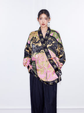 MUKZIN  Spring Prelude"Fu Su" Chinese-style Retro Loose Cross-collar Printed Shirt