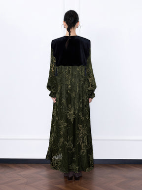 MUKZIN“Capsule Collection”Luxury Velvet Paneled Floral Print Maxi Dress