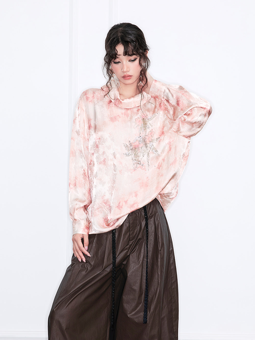MUKZIN“Realm of Ethereal Mist”European-American Style Silky Draping Pink Gradient Long-Sleeve Shirt with Rhinestones & Slouchy Collar