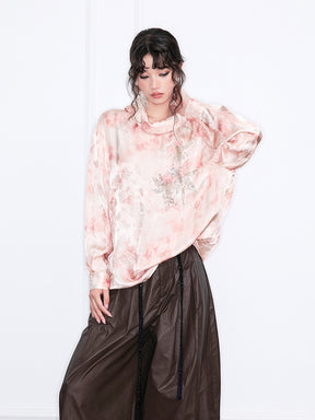 MUKZIN“Realm of Ethereal Mist”European-American Style Silky Draping Pink Gradient Long-Sleeve Shirt with Rhinestones & Slouchy Collar