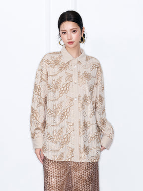 MUKZIN“Capsule Collection”Beige Floral Embroidered Oversized Button-Down Shirt | Oriental Sequin Embellished Long Sleeve Blouse