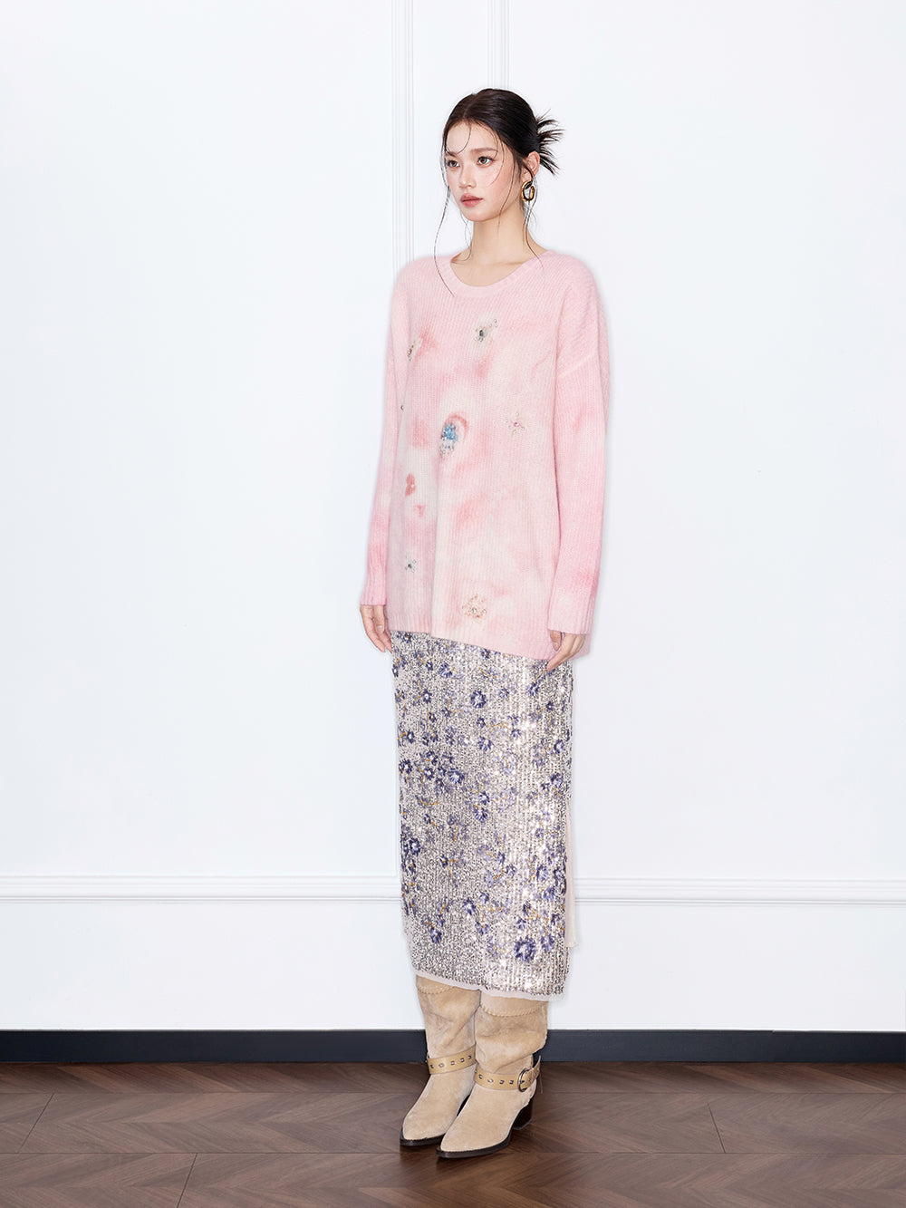 MUKZIN“The Sequence of Deer's Call”Pink/Green Halo Tie-Dye Distressed Decor Oversized Fuzzy Knit Sweater