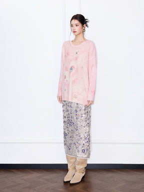 MUKZIN“The Sequence of Deer's Call”Pink/Green Halo Tie-Dye Distressed Decor Oversized Fuzzy Knit Sweater