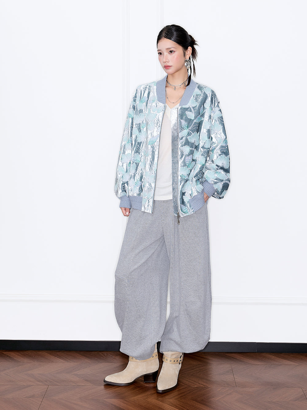 MUKZIN“Capsule Collection”Silver Gray Velvet Jacquard Baseball Jacket