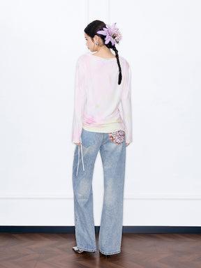 MUKZIN“Night Ballad of Chang'an”Floral Embroidered Wide-Leg Jeans | Distressed Vintage Denim Pants with Sequin Floral Appliques